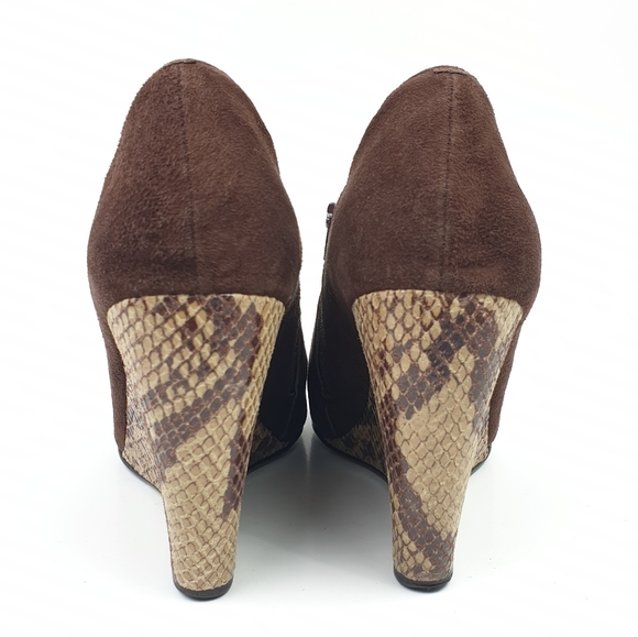 Beverly Feldman Booties brown suede snake print wedge 4" zipped up almond toe 7 - Picture 10 of 15